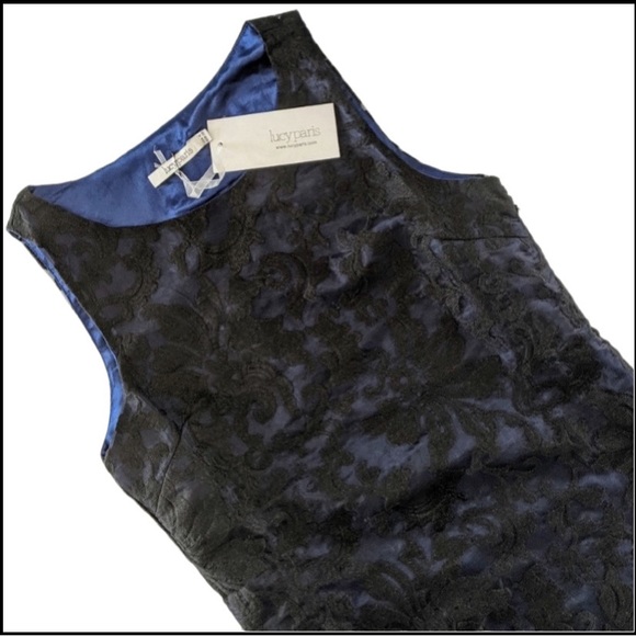 NWT LUCY PARIS Black Lace Overlay on Blue Shift Dress M - Picture 2 of 8
